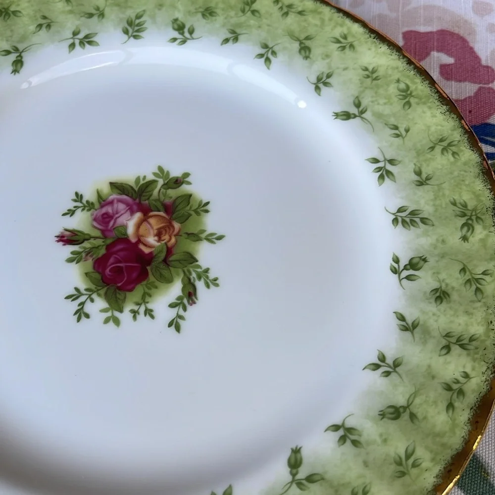 Set of 2 Rare Royal Albert Old Country Roses Green Border salad plates 8”
